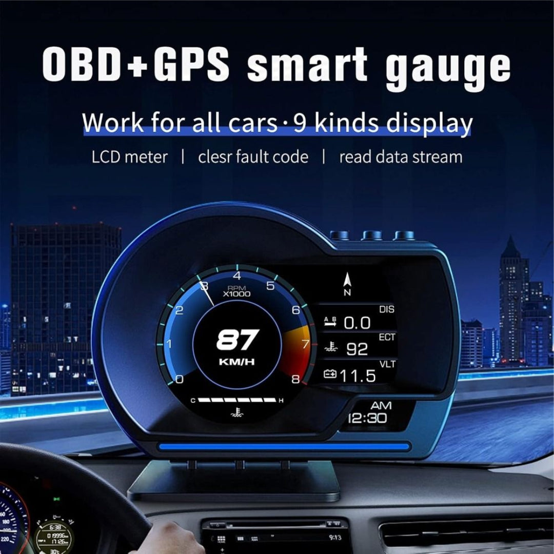 OBD and GPS smart gauge HUD display showing speed 87km/h, RPM, engine temperature, battery voltage and GPS compass on colour LCD screen mounted on car dashboard