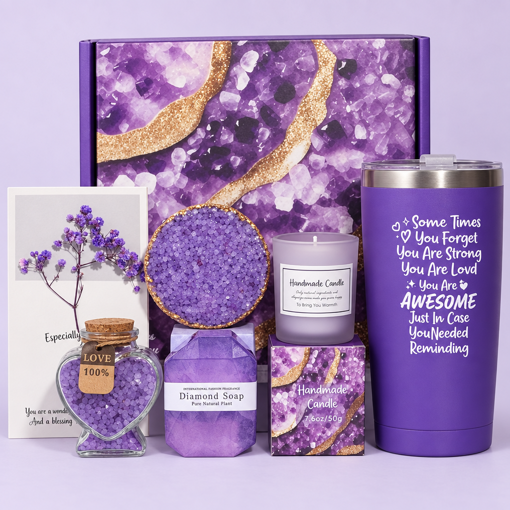 Illustrative studio presentation of purple spa gift set