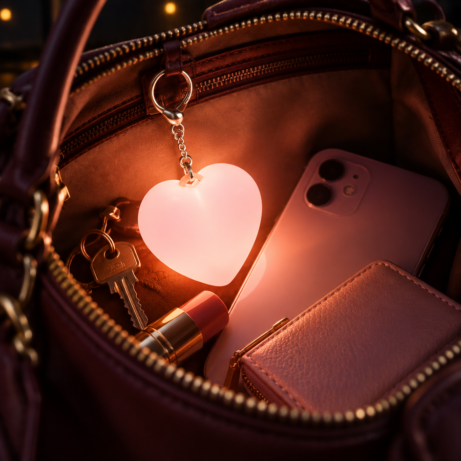 Heart handbag light glowing inside an open bag