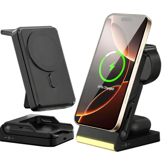 Black 5-in-1 foldable wireless charging station with MagSafe magnetic charger, ambient LED light base shown with iPhone charging at 85%