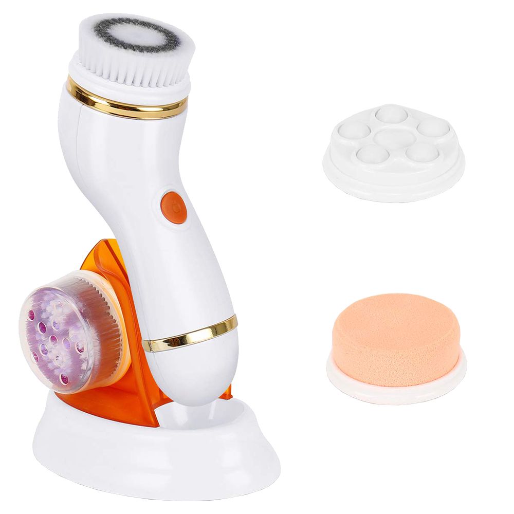 White and orange facial cleansing brush with stand and interchangeable heads