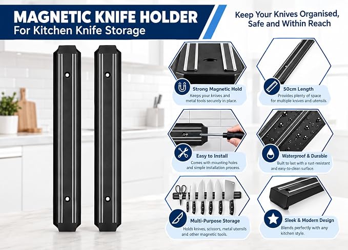 Magnetic Knife & Tool Holder | Black Wall-Mounted Bar