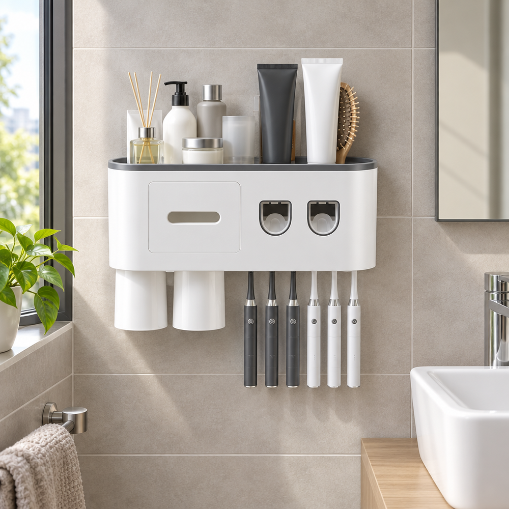 Wall-mounted bathroom organiser with toiletries shelf and toothbrush storage