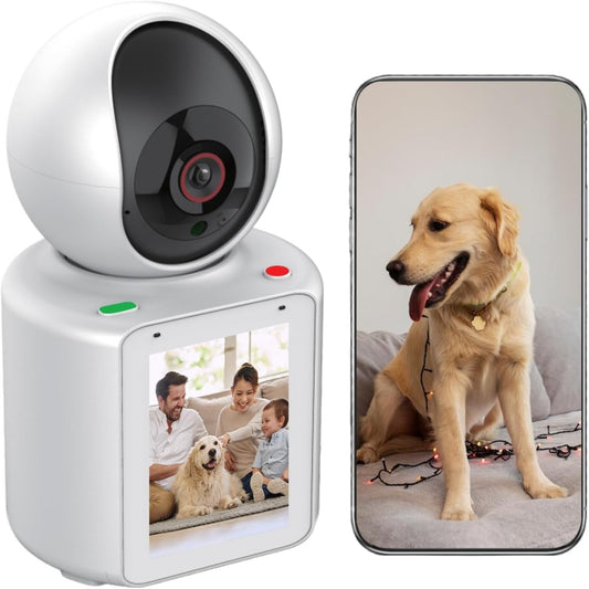 Smart pet camera with built-in LCD screen showing a family with a dog, next to a smartphone displaying a Golden Retriever via the app