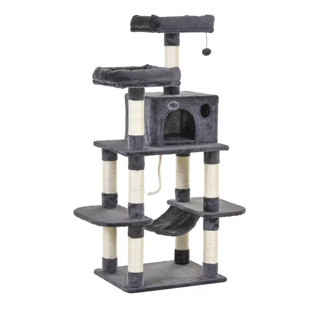 Grey multi-level cat tree with enclosed condo, hammock, sisal scratching posts and dangling pom-pom toys