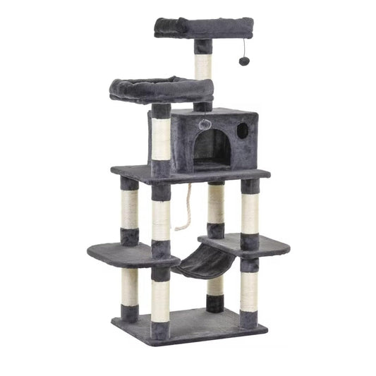 Grey multi-level cat tree with enclosed condo, hammock, sisal scratching posts and dangling pom-pom toys