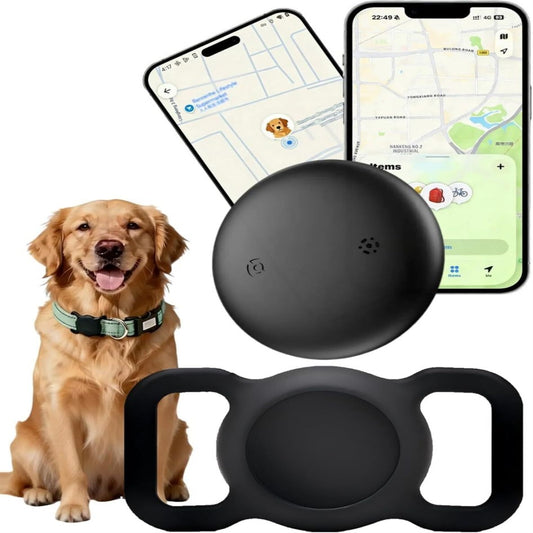 Smart Pet GPS Tracker shown with silicone collar mount and smartphone app displaying real-time map location of a Golden Retriever