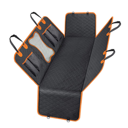 Black and orange quilted dog car seat cover hammock with bone-shaped mesh window and storage pockets, shown fully unfolded