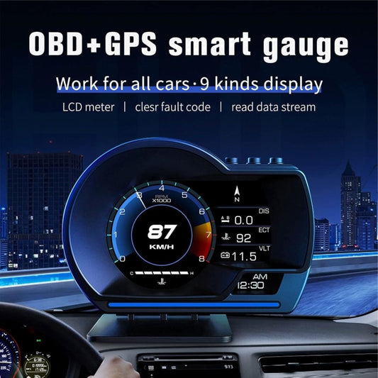 OBD and GPS smart gauge HUD display showing speed 87km/h, RPM, engine temperature, battery voltage and GPS compass on colour LCD screen mounted on car dashboard