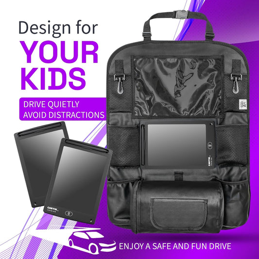 Kids car backseat organiser with multiple mesh pockets, transparent tablet window and included LCD drawing tablet shown in black