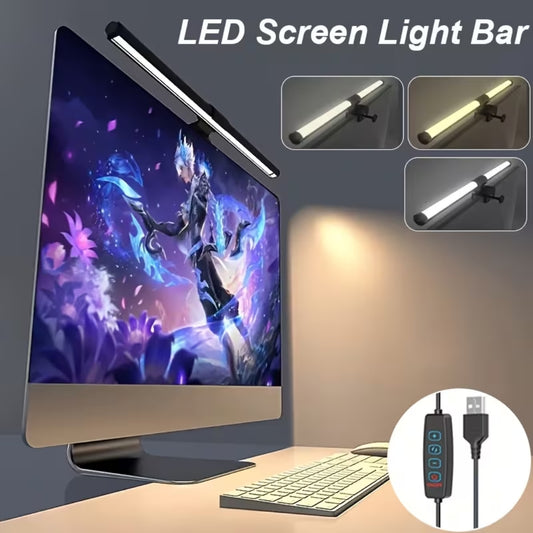 Black LED screen light bar mounted on top of monitor showing 3 colour temperature modes with USB inline controller cable