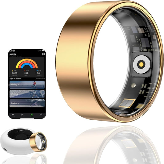 Gold titanium smart health ring with wireless charging case and smartphone app showing steps, heart rate and activity tracking