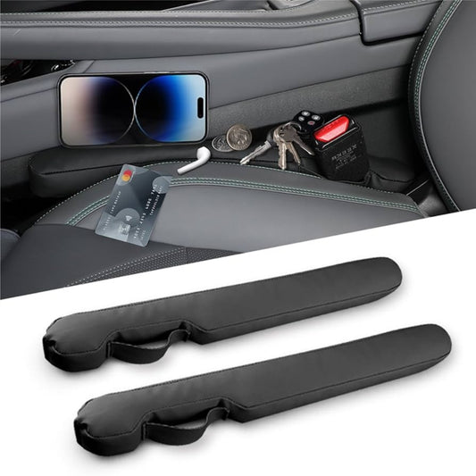 Black PU leather car seat gap fillers shown installed between car seat and centre console, with phone, keys, coins and card stored in the pocket