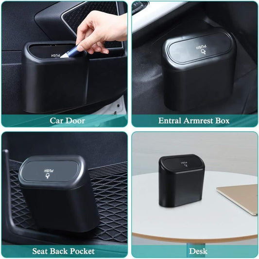 Matte black mini car trash can with push-lid shown in car door pocket, armrest box, seat back pocket and on a desk