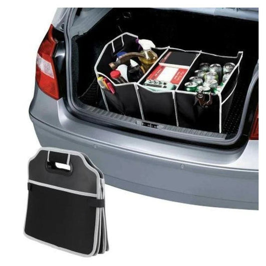 Black foldable car boot organiser with grey trim shown open in car trunk with groceries and supplies, and folded flat beside the car