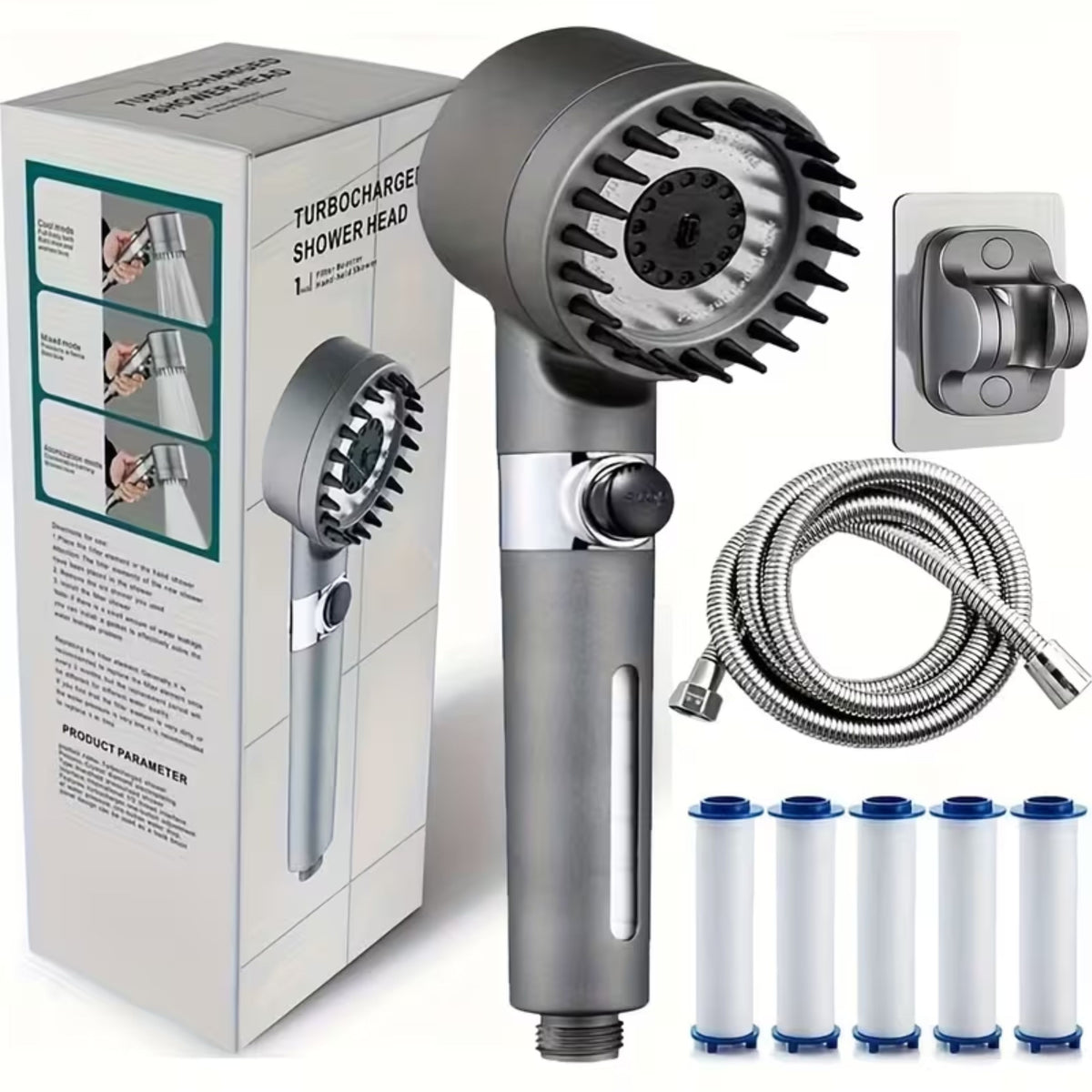 Turbo Filter Shower Head with Hose & Wall Holder