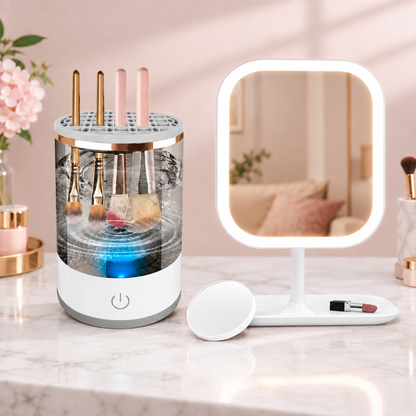 LED Makeup Mirror & Electric Brush Cleaner Kit | Pink or White