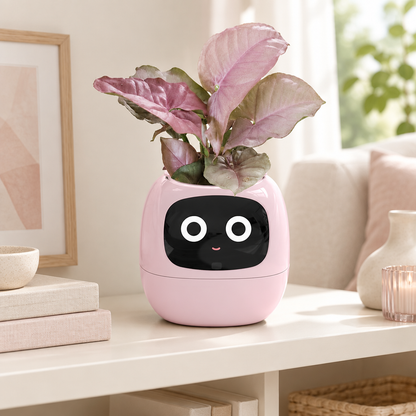 Illustrative pink digital-face planter on a living-room shelf; plant shown for styling