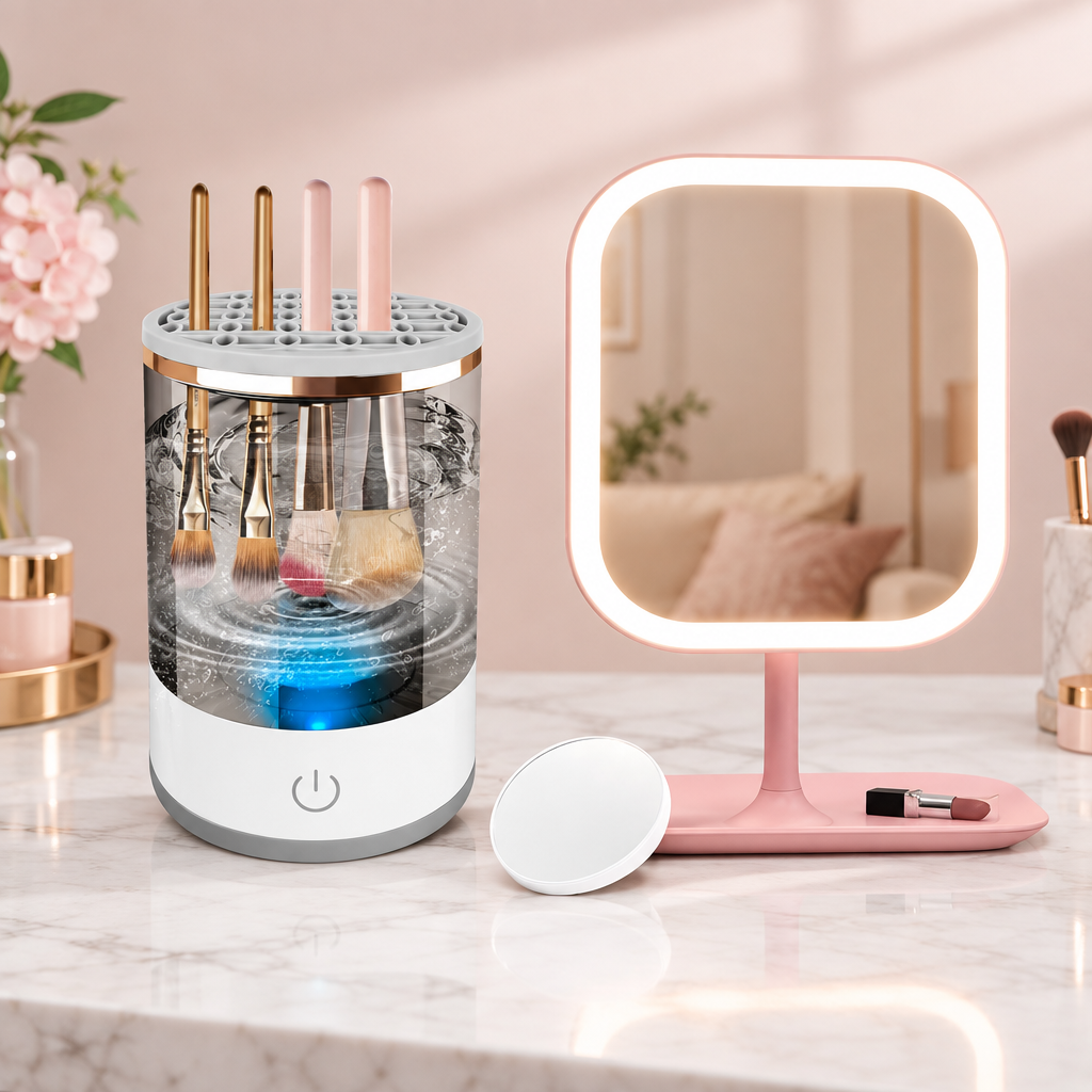 LED makeup mirror and electric makeup brush cleaner kit on a marble vanity