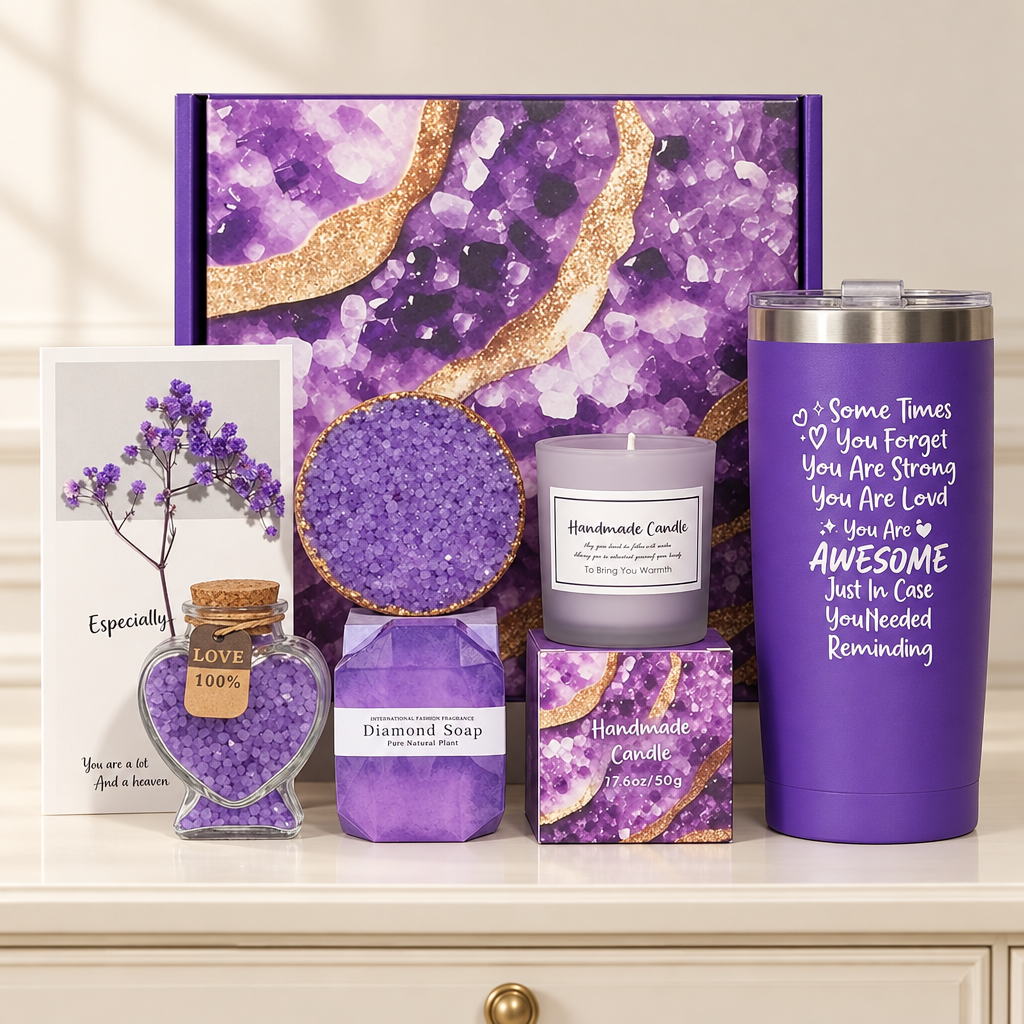 Illustrative purple spa gift set on a dressing table