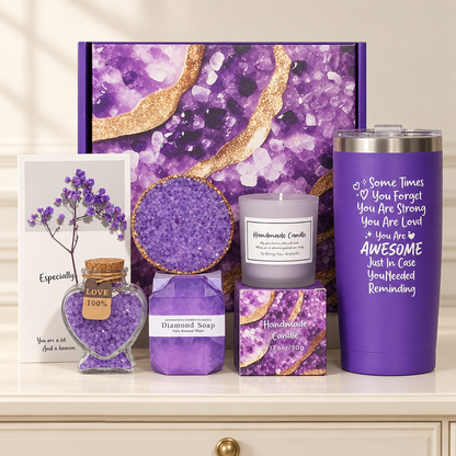 Illustrative purple spa gift set on a dressing table
