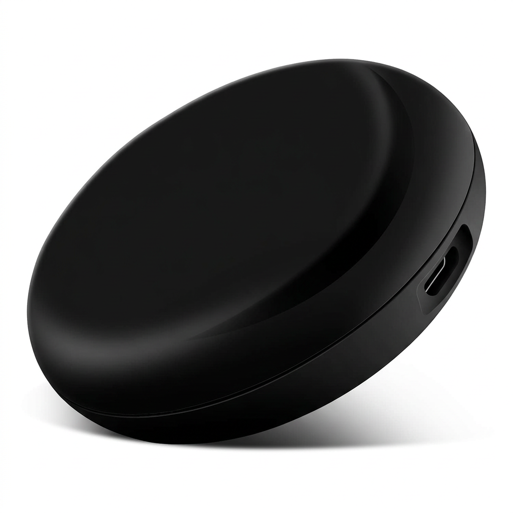 Black round smart IR remote controller with a Micro-USB port on a white background