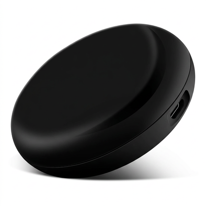 Black round smart IR remote controller with a Micro-USB port on a white background