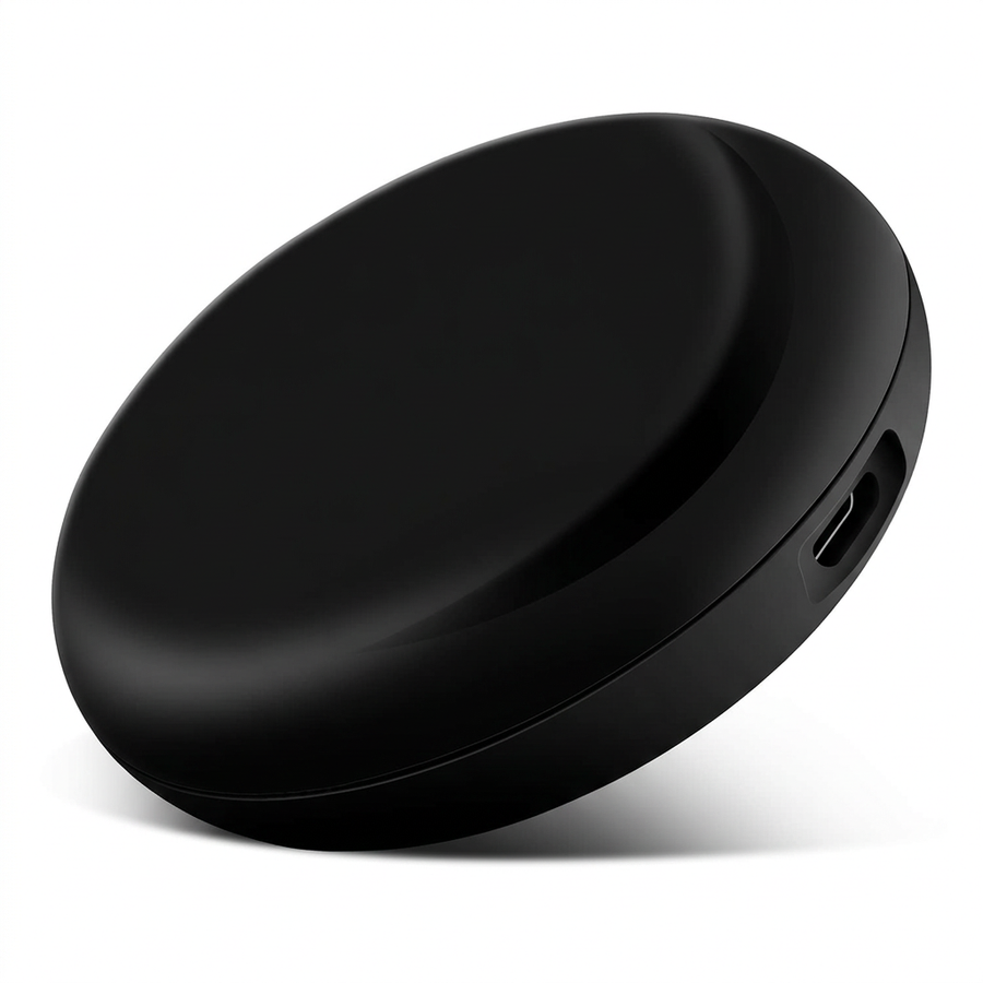 Black round smart IR remote controller with a Micro-USB port on a white background