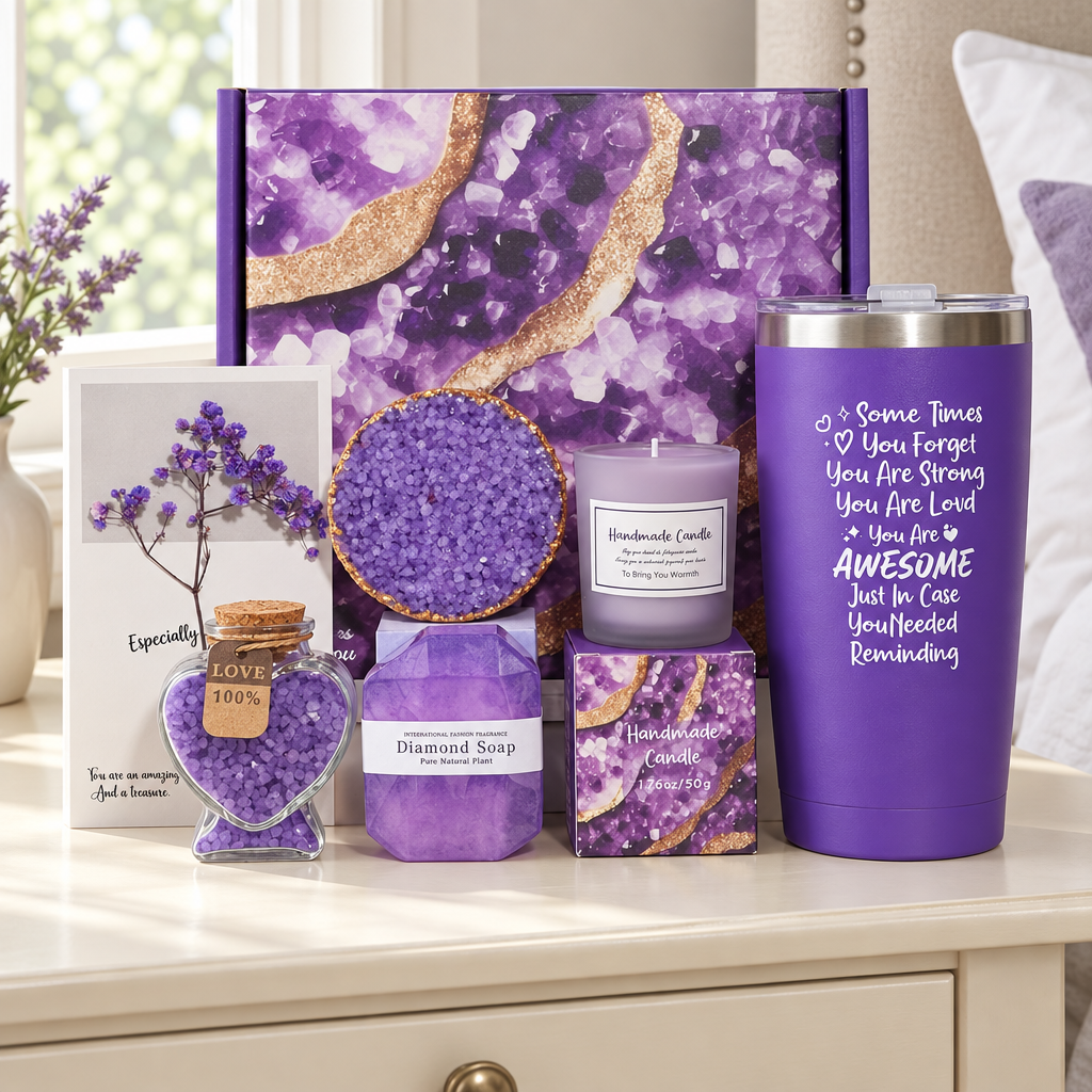 Illustrative lifestyle presentation of purple spa gift set