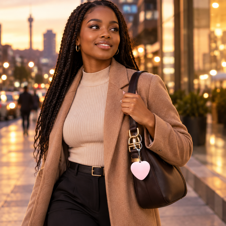 Woman with the pink heart light on her handbag