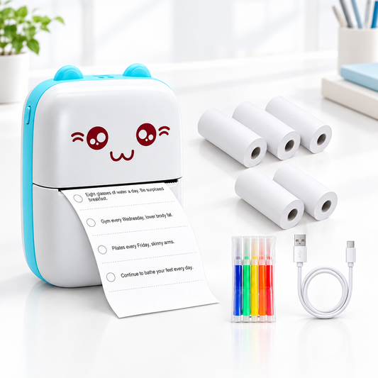 Cat mini thermal printer with paper rolls, pens and cable