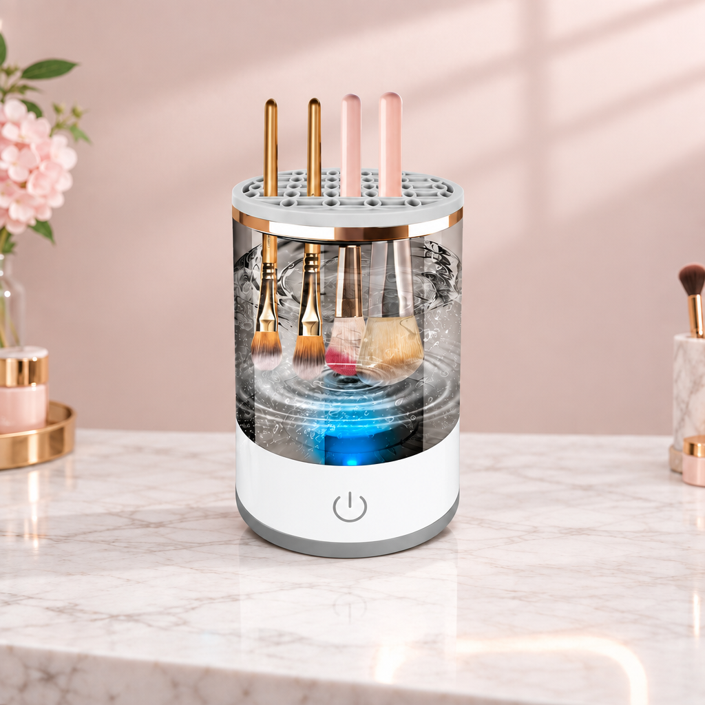 Electric makeup brush cleaner on a marble vanity