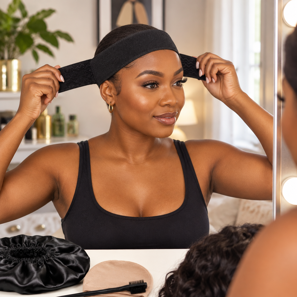 Woman using the fabric wig grip band