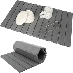 Grey foldable stone dish drying mat shown flat with dishes and folded for storage