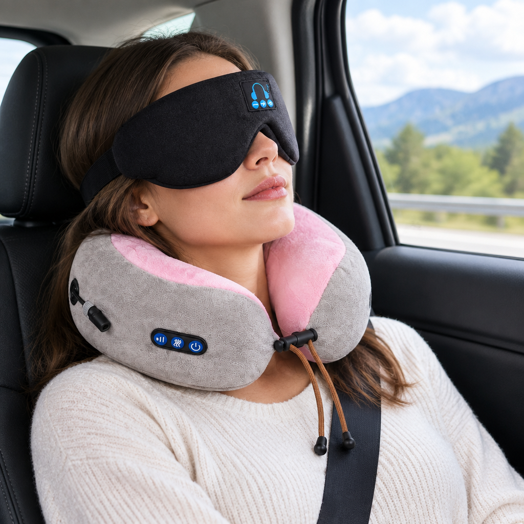 Woman resting on a road trip with the sleep mask and neck pillow