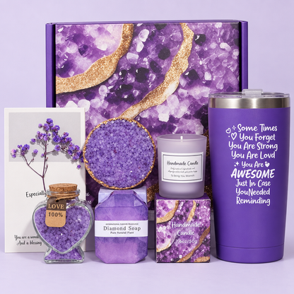 Illustrative studio presentation of purple spa gift set