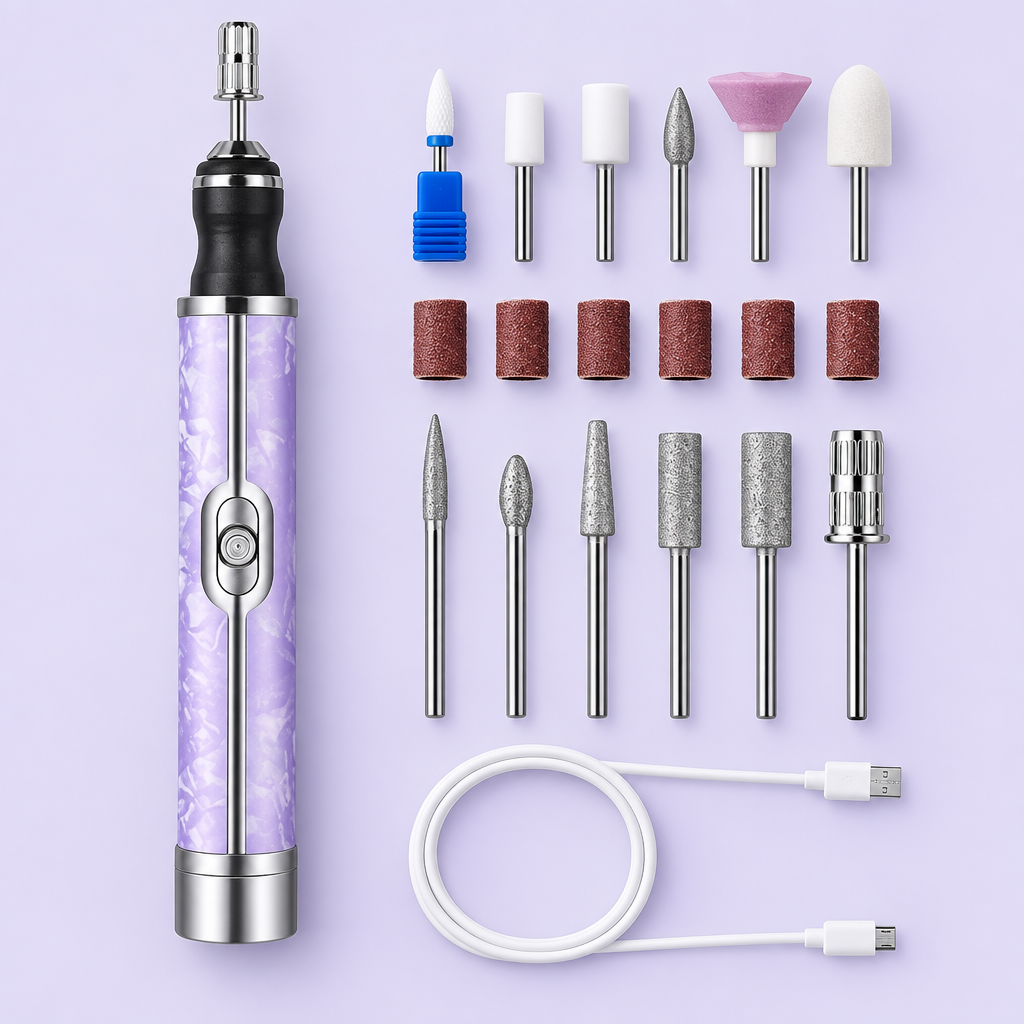 Illustrative studio arrangement of purple nail polisher kit