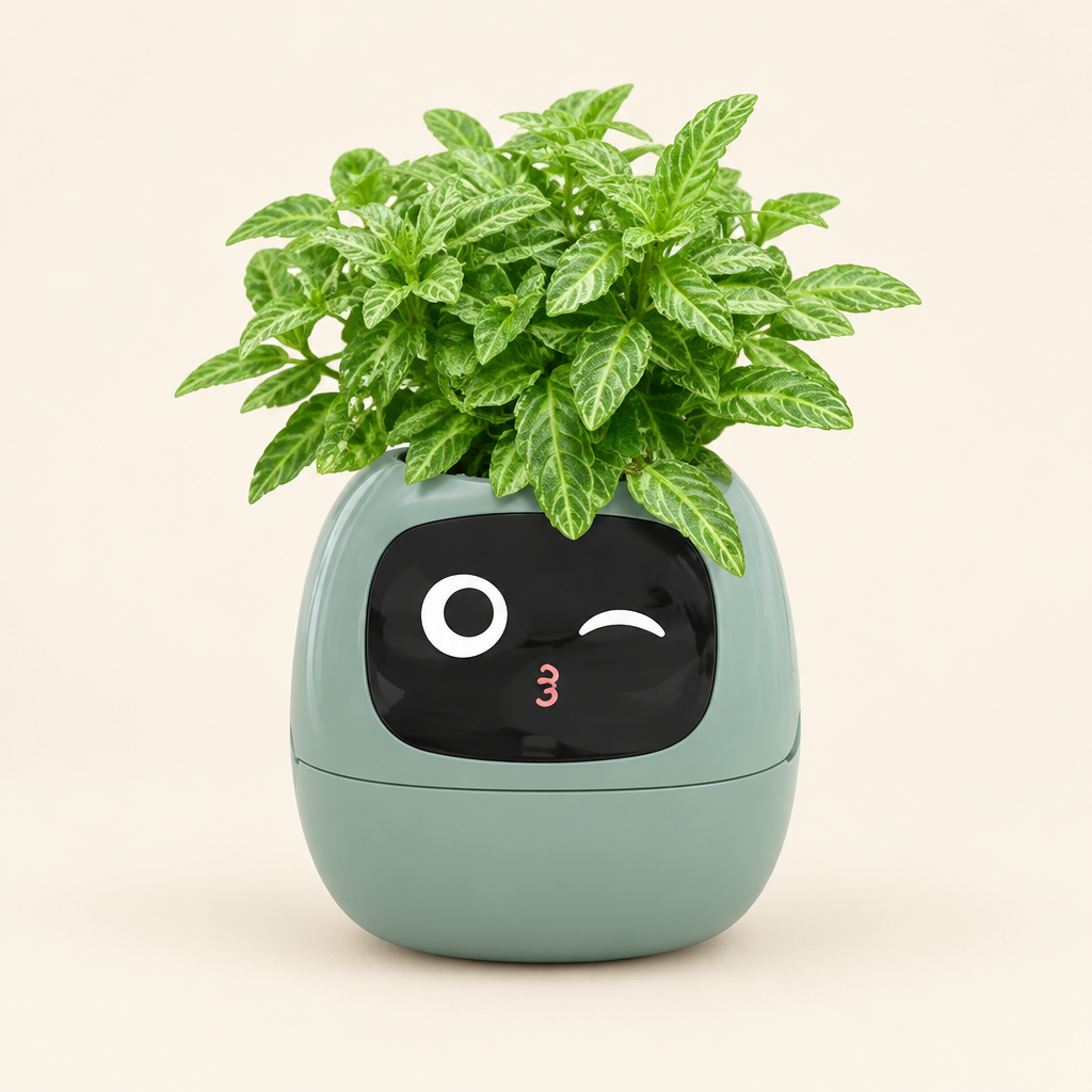 Illustrative sage green digital-face planter; plant shown for styling