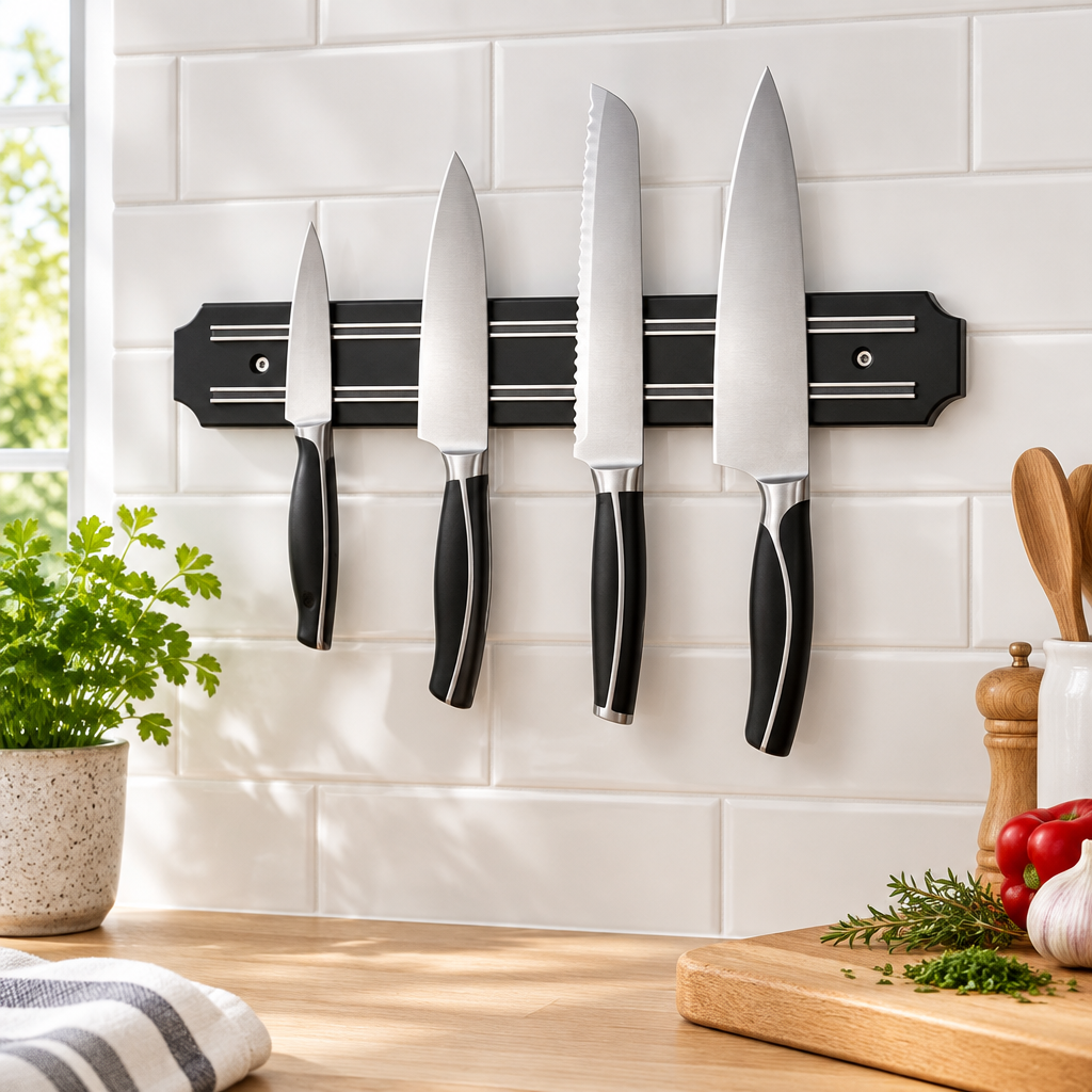 AI-generated kitchen scene showing the black magnetic holder with illustrative knives