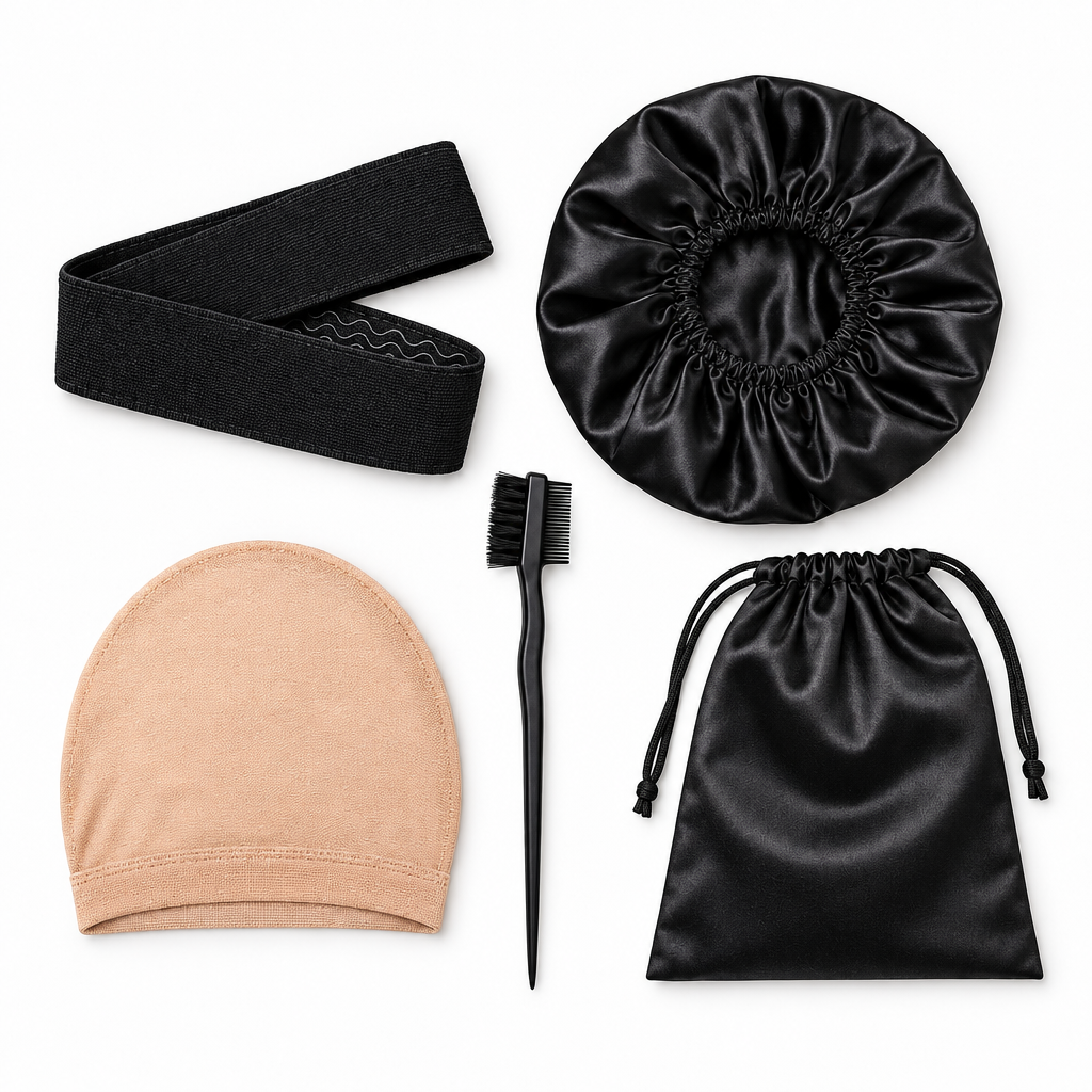 Wig essentials kit with grip band, satin bonnet, wig cap, edge brush and storage bag