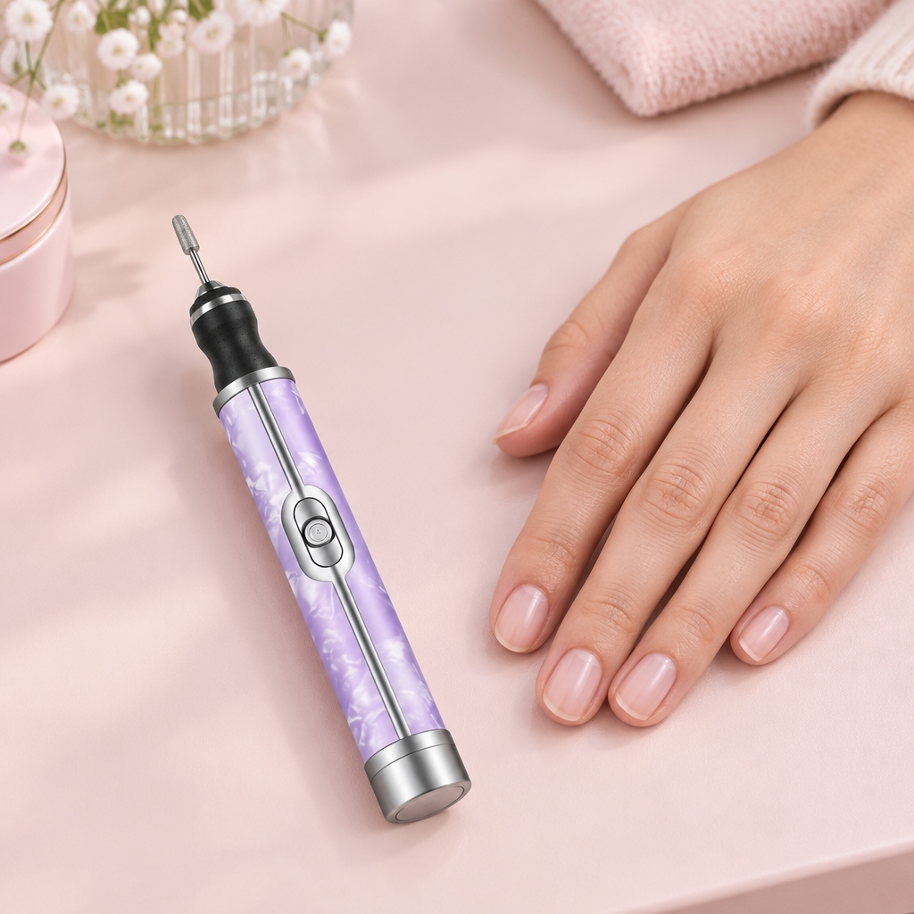 Illustrative lifestyle image of purple nail polisher on a manicure vanity