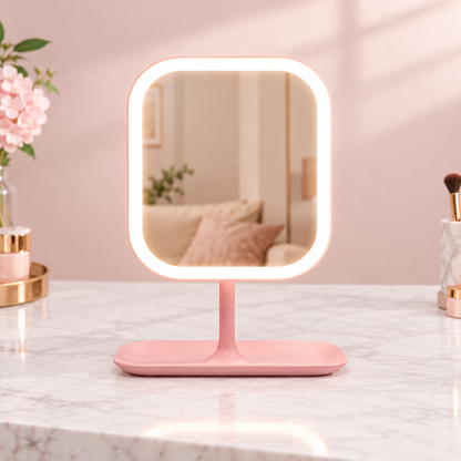 Pink rechargeable LED makeup mirror on a marble vanity