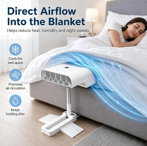 White under-blanket bed fan on a bedside stand with illustrated airflow beneath bedding