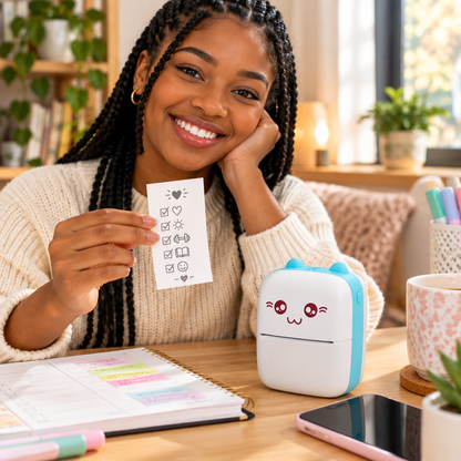 Woman printing a planner note with the cat mini printer