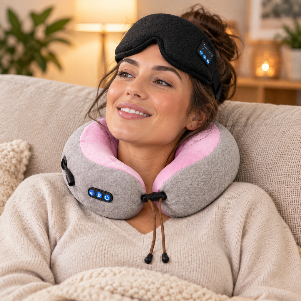 Woman relaxing at home with the massage neck pillow and sleep mask