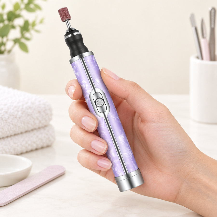 Illustrative image of purple nail polisher held above a manicure table