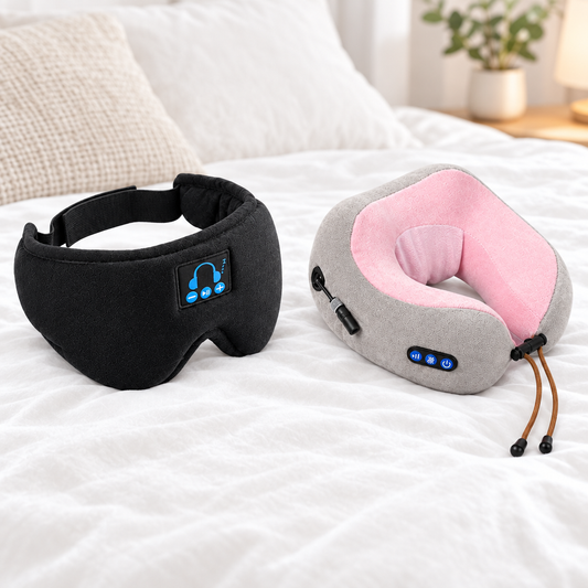 Bluetooth sleep mask and electric massage neck pillow travel duo