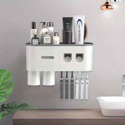 White and grey wall-mounted bathroom organiser with toiletries shelf and hanging toothbrush holders