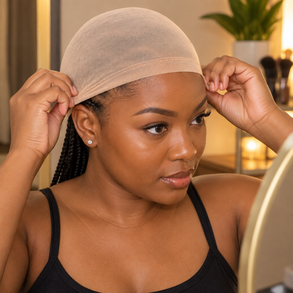 Woman putting on the stretchy wig cap