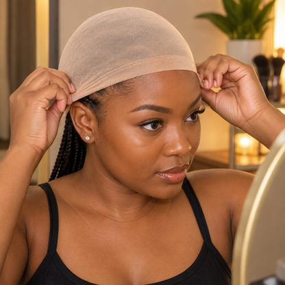 Woman putting on the stretchy wig cap